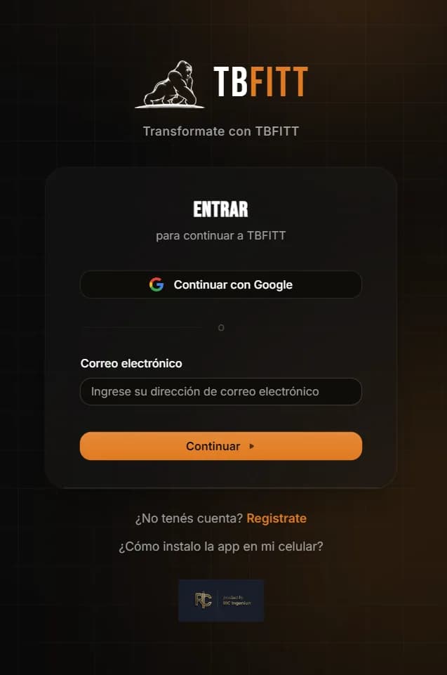 Pantalla de acceso de TBFITT, con el sello «powered by RIC Ingenium»